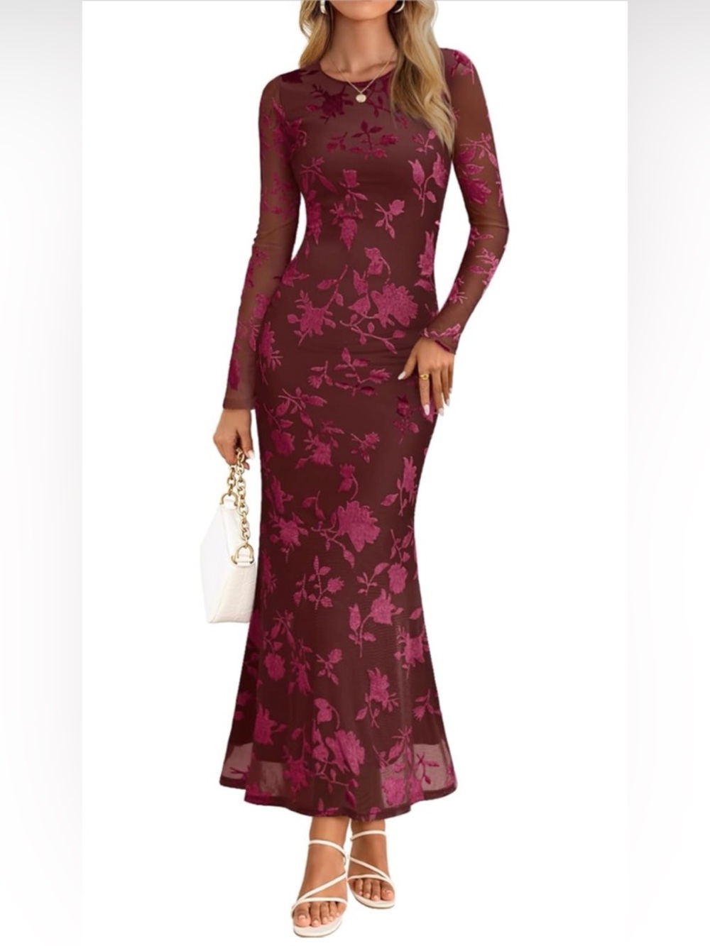 MEROKEETY 2026 Long Sleeve Bodycon Floral Mesh Fall Cocktail Formal Party Dress